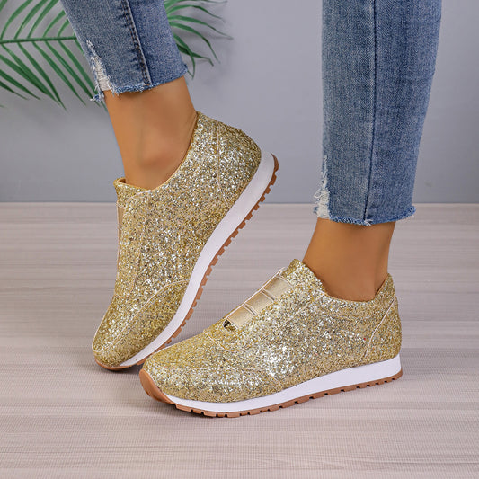 Gold Sliver Sequined Flats New Fashion Casual Round Toe Slip-on Shoes Women Outdoor Casual Walking Running Shoes